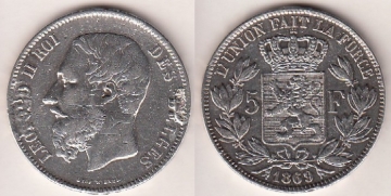 5 Francs Belgien 1869