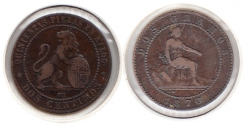 2 Centimos Spanien 1870OM