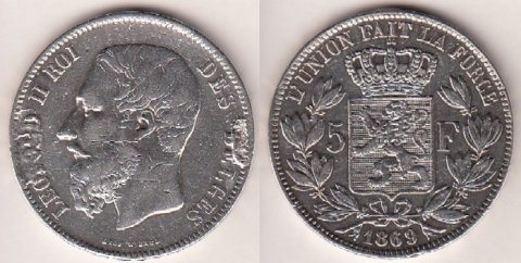 5 Francs Belgien 1869